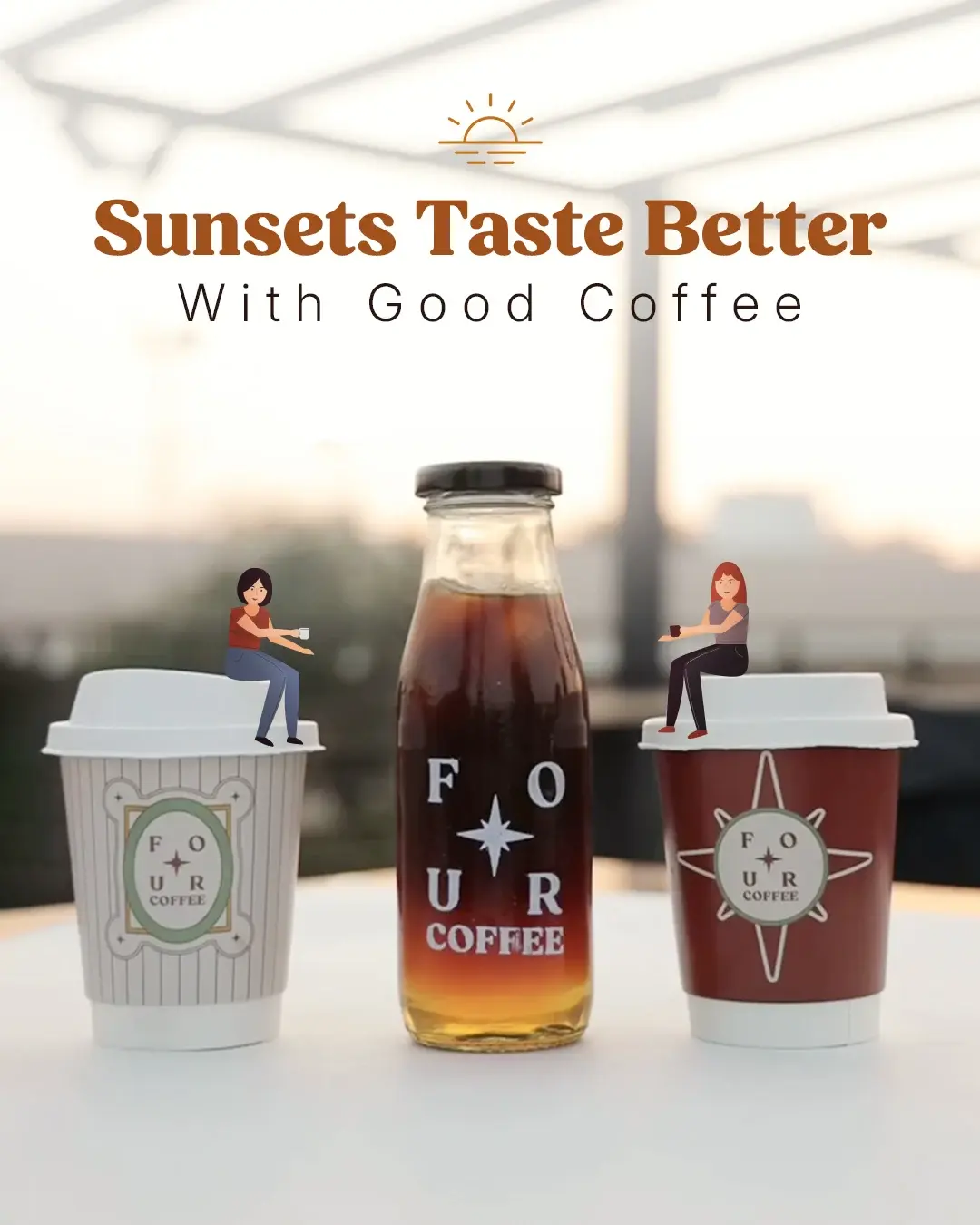 Golden sunset sky with a coffee cup in hand at Four Coffee