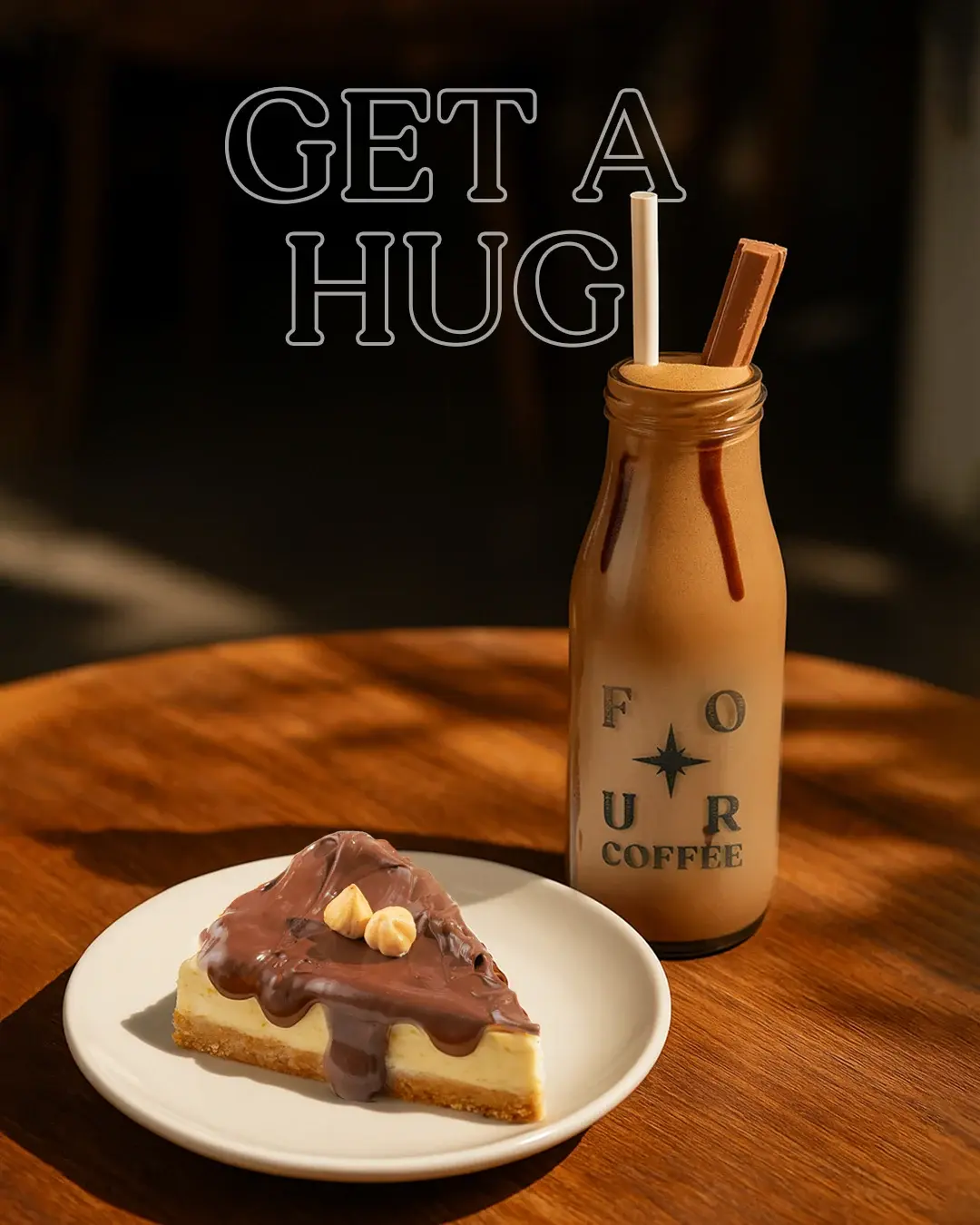 A warm cheesecake slice paired with coffee at Four Coffee